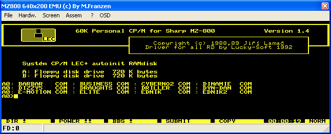 CP/M LEC+ running on the Multisystem emulator