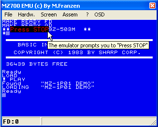 The emulator prompts you to "Press STOP"