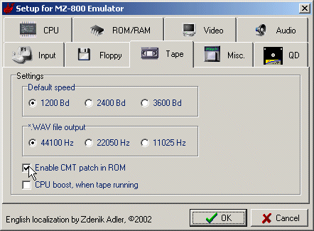 The tape setup screen