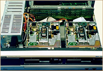 MZ-3541 floppy drives, MFD interface, and power supply; floppy cover demounted