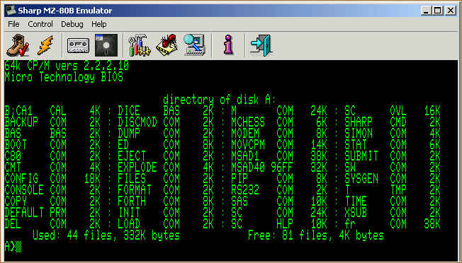Sample screenshot of CP/M 2.2.2.08 execution
